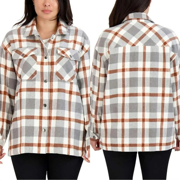 HFX Wool Blend Flannel Plaid Shacket Jacket Western Relaxed Fit Gray/Brown L - Picture 1 of 16
